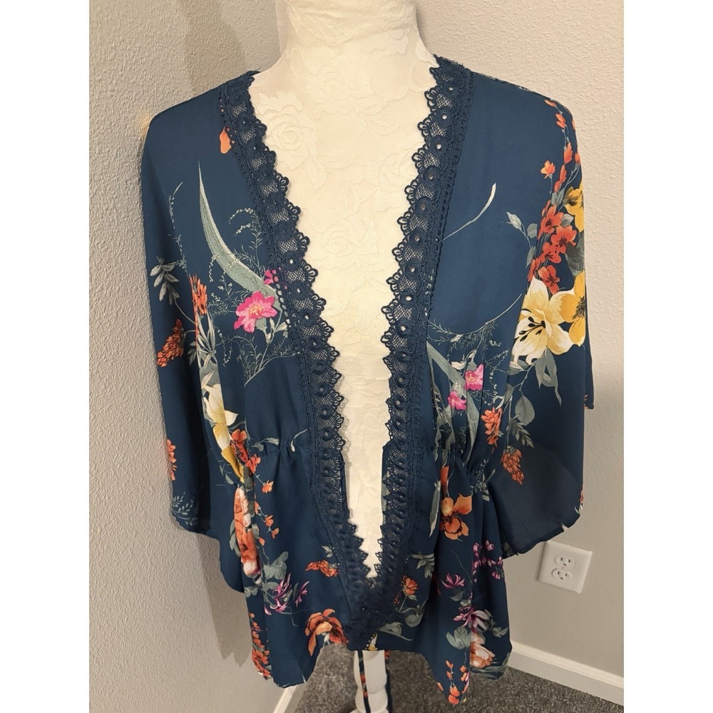 Haute Project Los Angeles Kimono Top~2XL~ Teal Crochet Trim Waist Tie Boho Chic - Picture 6 of 12
